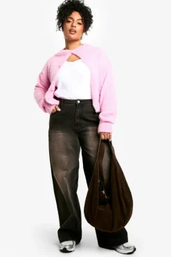 Cardigans|Knitwear*boohoo Plus Fluffy Knit Crew Neck Cardigan pink