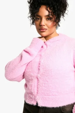 Cardigans|Knitwear*boohoo Plus Fluffy Knit Crew Neck Cardigan pink