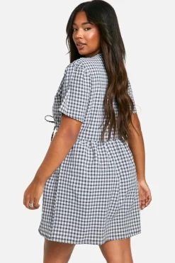 Smock Dresses*boohoo Plus Gingham Tie Front Smock Dres black