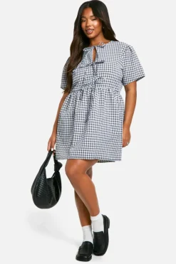 Smock Dresses*boohoo Plus Gingham Tie Front Smock Dres black