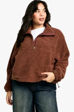 Sweatshirts|Hoodies & Sweatshirts*boohoo PLUS HALF ZIP SIDE POCKET OVERSZIED BORG SWEATSHIRT chocolate