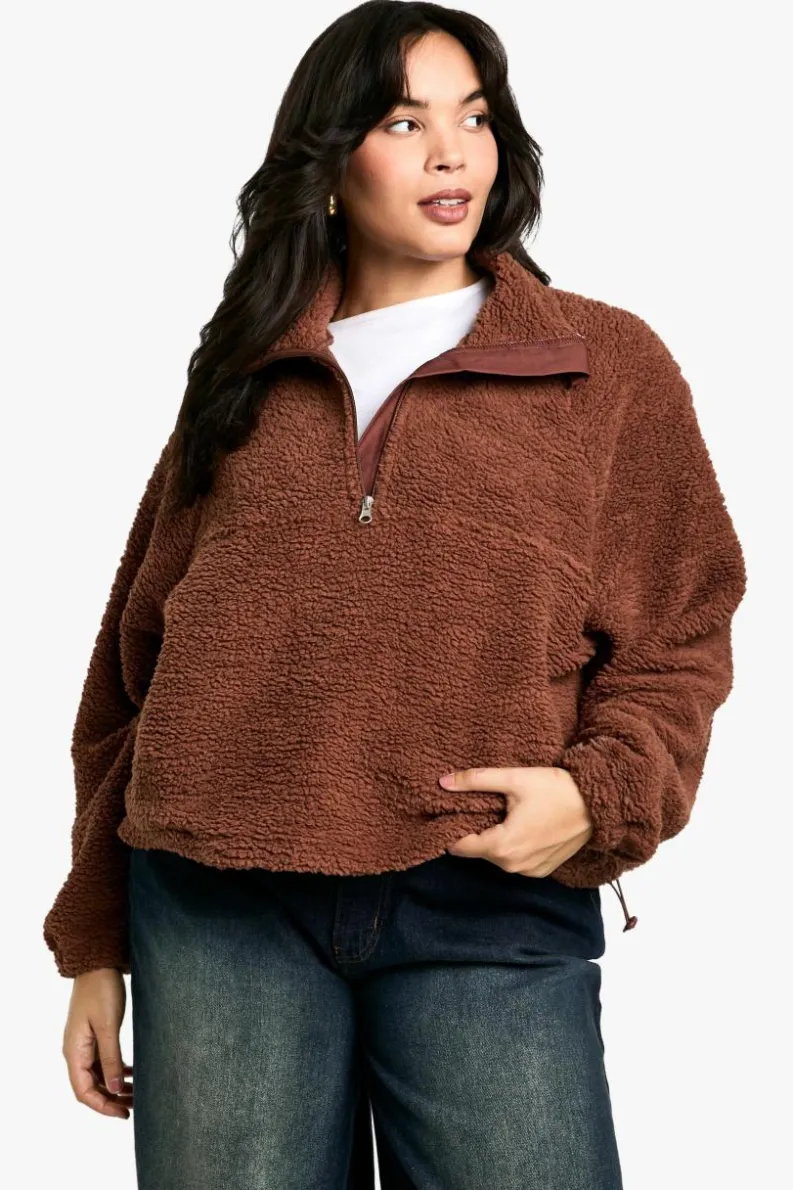 Sweatshirts|Hoodies & Sweatshirts*boohoo PLUS HALF ZIP SIDE POCKET OVERSZIED BORG SWEATSHIRT chocolate