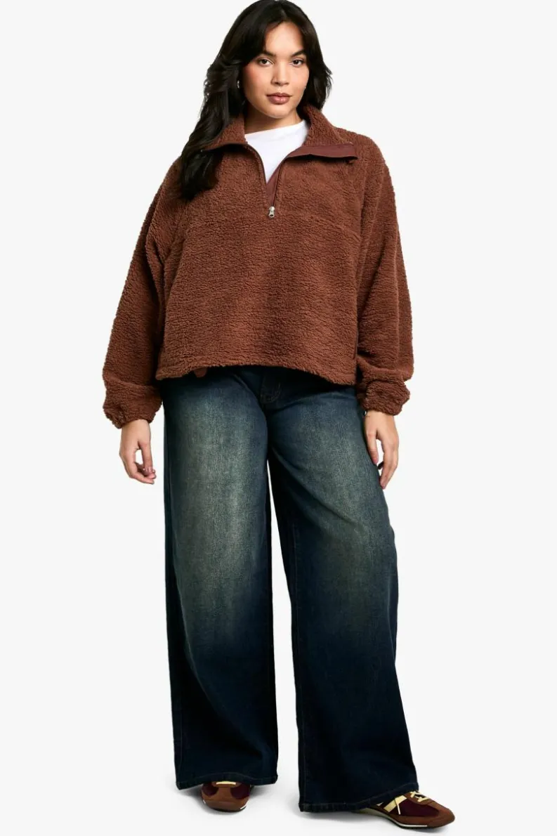 Sweatshirts|Hoodies & Sweatshirts*boohoo PLUS HALF ZIP SIDE POCKET OVERSZIED BORG SWEATSHIRT chocolate