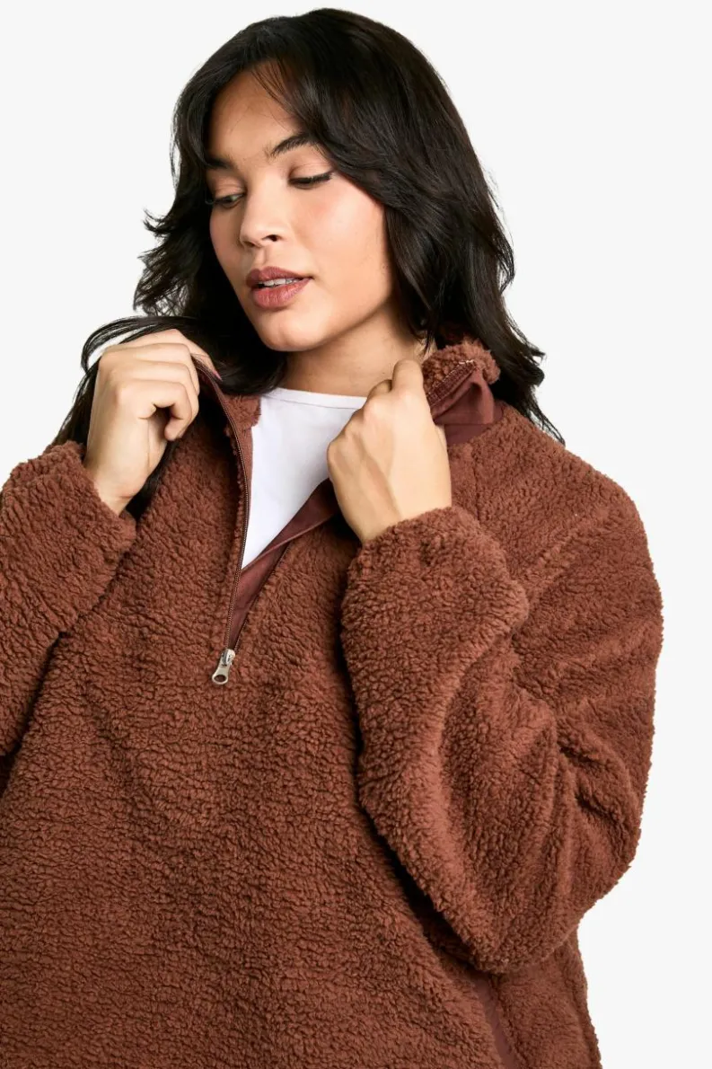 Sweatshirts|Hoodies & Sweatshirts*boohoo PLUS HALF ZIP SIDE POCKET OVERSZIED BORG SWEATSHIRT chocolate