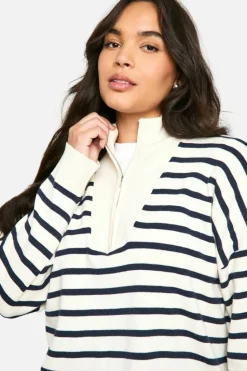 Jumpers*boohoo Plus Half Zip Stripped Jumper ivory