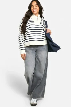 Jumpers*boohoo Plus Half Zip Stripped Jumper ivory