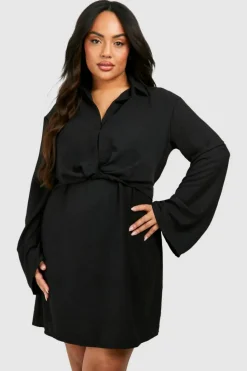 Mini Dresses|Long Sleeve Dresses*boohoo Plus Hammered Twist Front Shift Dress black
