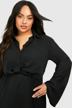 Mini Dresses|Long Sleeve Dresses*boohoo Plus Hammered Twist Front Shift Dress black