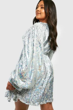 Skater Dresses|Mini Dresses*boohoo Plus Iridescent Extreme Blouson Skater Dress silver