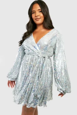 Skater Dresses|Mini Dresses*boohoo Plus Iridescent Extreme Blouson Skater Dress silver