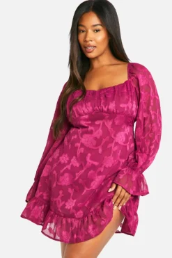 Smock Dresses*boohoo Plus Jacquard Floral Ruffle Milkmaid Dress plum