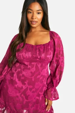 Smock Dresses*boohoo Plus Jacquard Floral Ruffle Milkmaid Dress plum