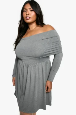 Skater Dresses*boohoo Plus Jersey Off Shoulder Skater Dress grey marl