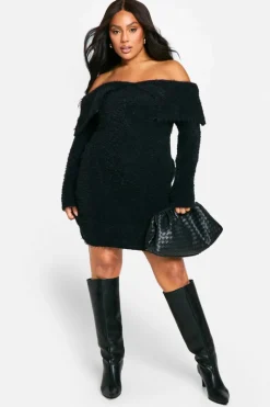 Jumper Dresses|Jumper Dresses*boohoo PLUS KNITTED BARDOT MINI DRESS black