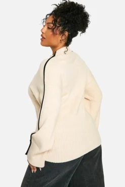 Oversized Jumpers|Jumpers*boohoo Plus Knitted Bindng Detail Crew Neck Oversized Jumper cream