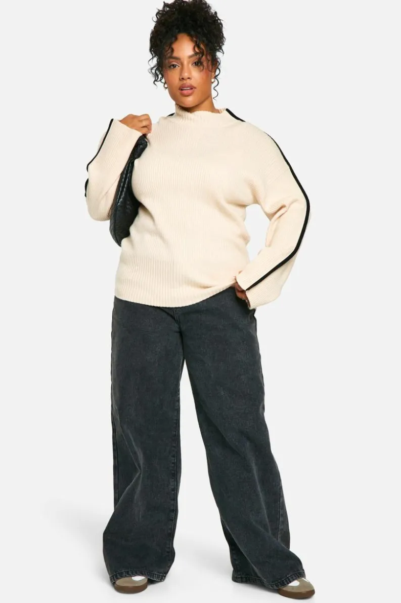 Oversized Jumpers|Jumpers*boohoo Plus Knitted Bindng Detail Crew Neck Oversized Jumper cream