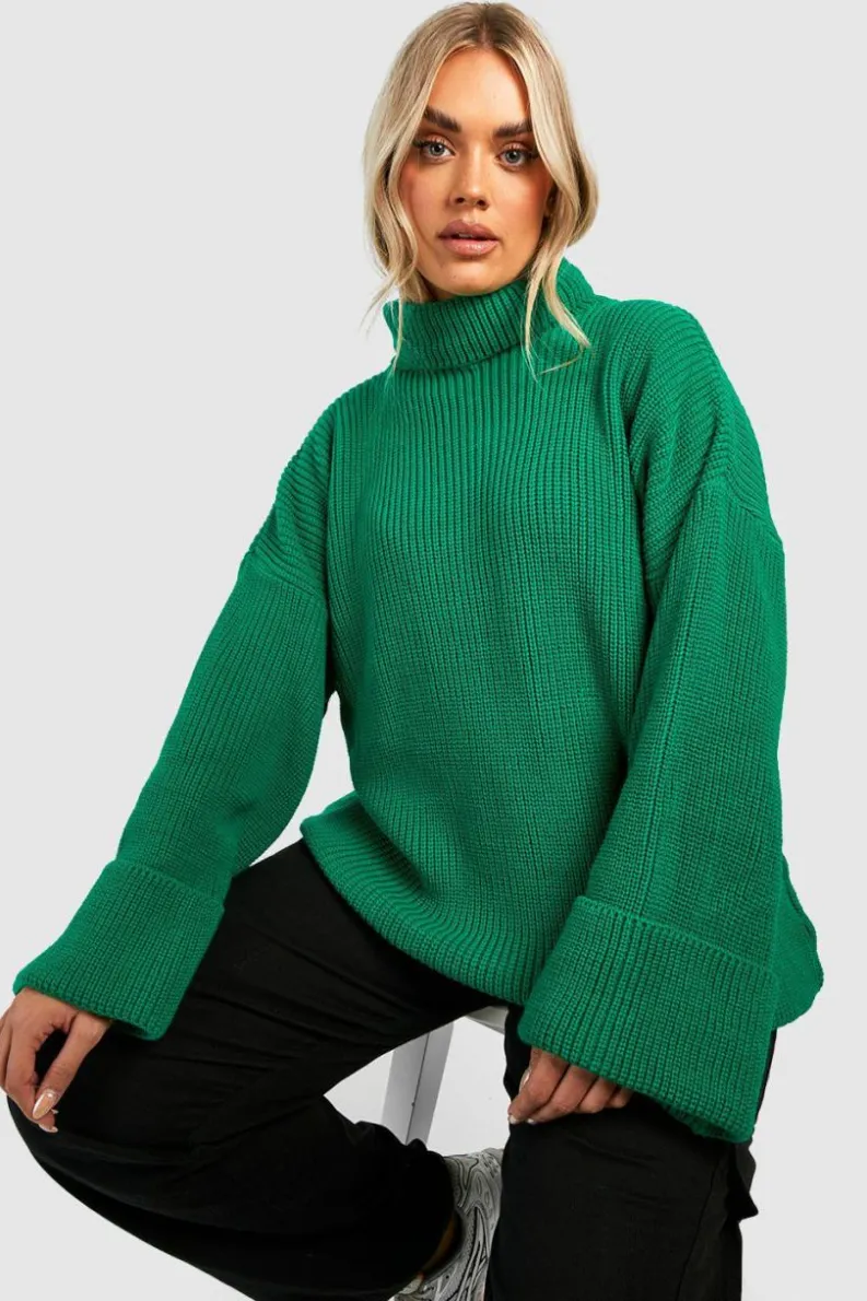 Jumpers|Jumpers & Cardigans*boohoo Plus Knitted Deep Cuff Roll Neck Jumper emerald