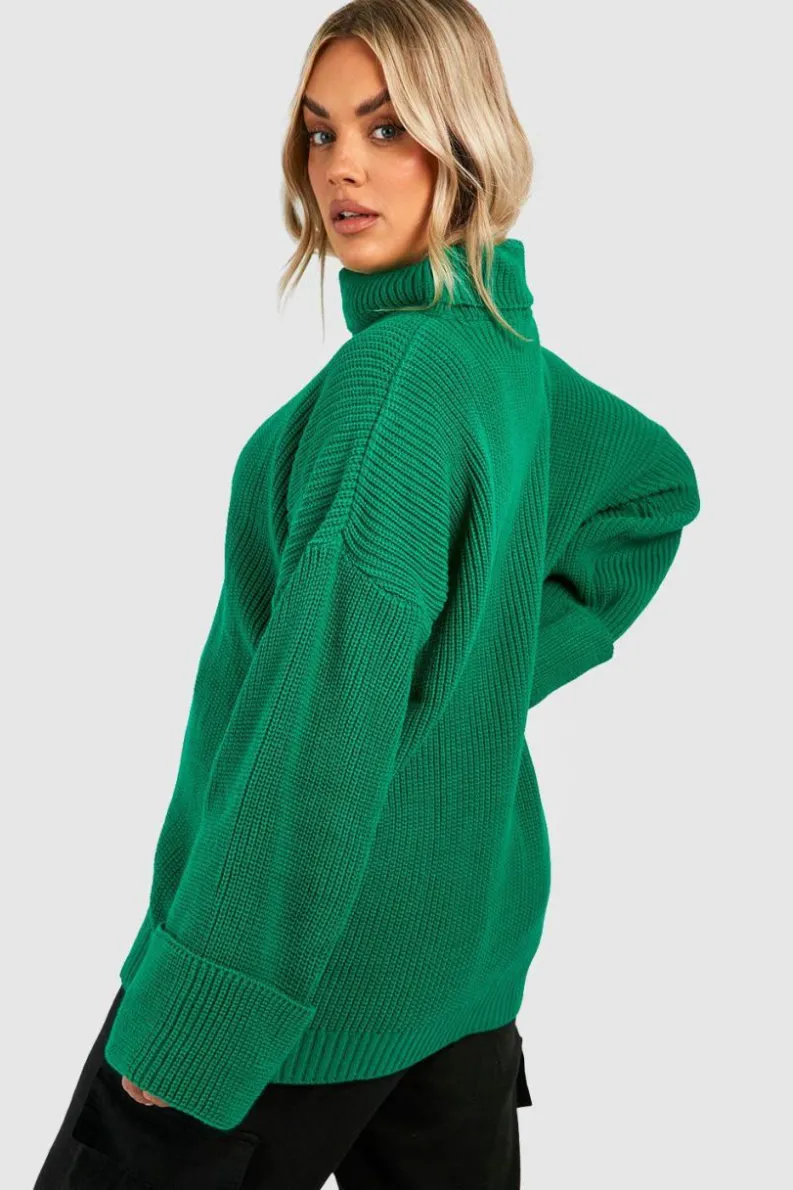 Jumpers|Jumpers & Cardigans*boohoo Plus Knitted Deep Cuff Roll Neck Jumper emerald