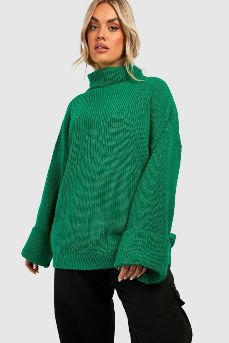 Jumpers|Jumpers & Cardigans*boohoo Plus Knitted Deep Cuff Roll Neck Jumper emerald