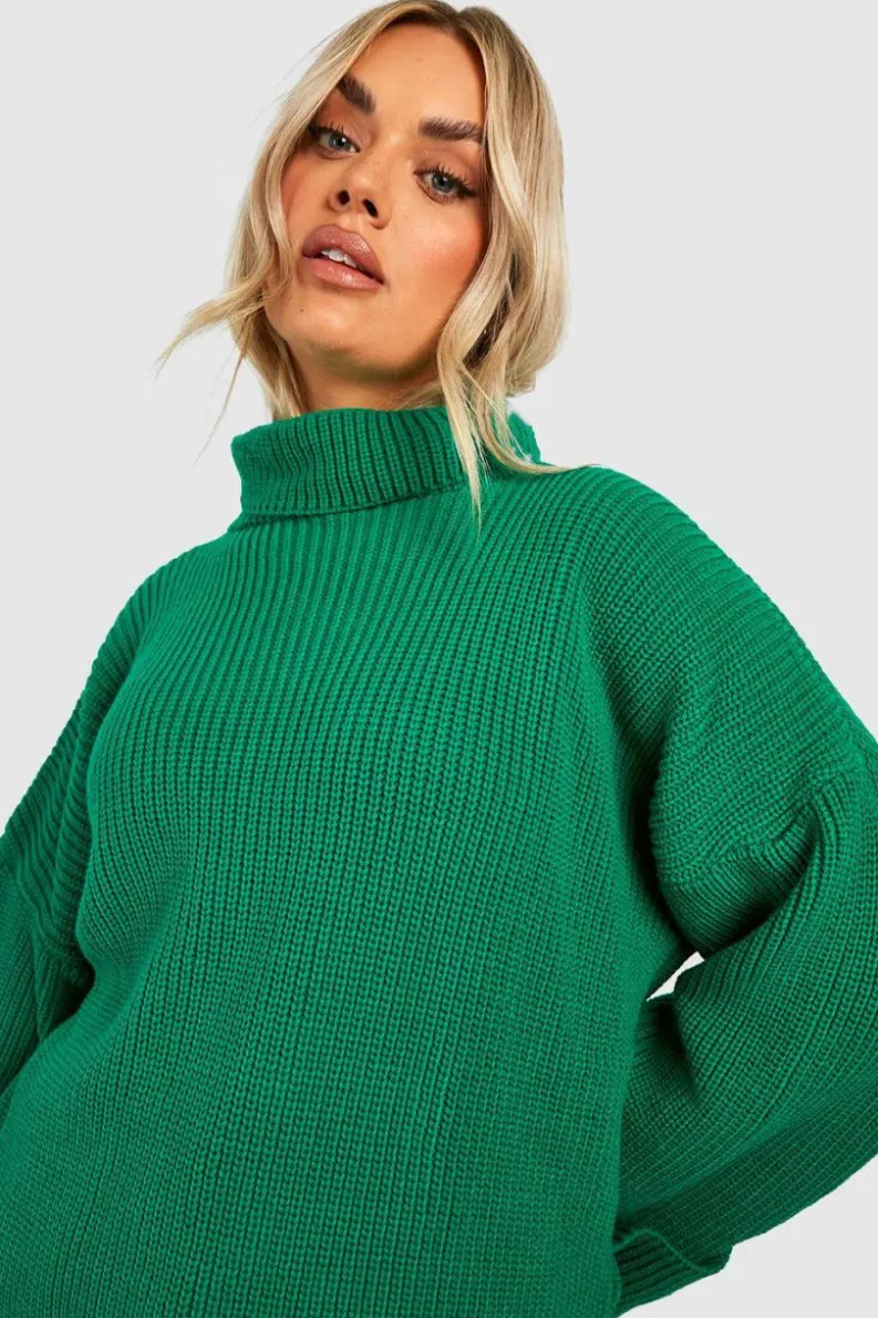 Jumpers|Jumpers & Cardigans*boohoo Plus Knitted Deep Cuff Roll Neck Jumper emerald