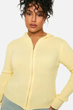 Cardigans*boohoo Plus Knitted Rib Zip Through Hoodie lemon