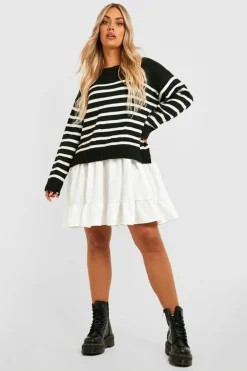 Shirt Dresses|Jumper Dresses*boohoo Plus Knitted Stripe Jumper 2 In 1 Shirt Dress black