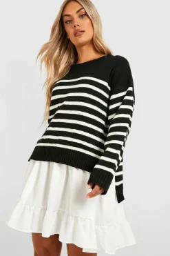 Shirt Dresses|Jumper Dresses*boohoo Plus Knitted Stripe Jumper 2 In 1 Shirt Dress black