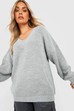 Jumpers|Jumpers & Cardigans*boohoo Plus Knitted V Neck Jumper grey