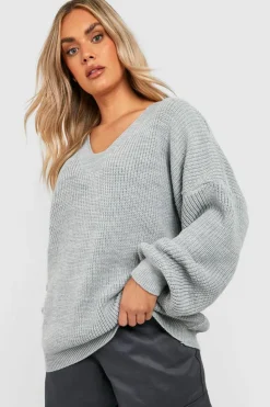 Jumpers|Jumpers & Cardigans*boohoo Plus Knitted V Neck Jumper grey