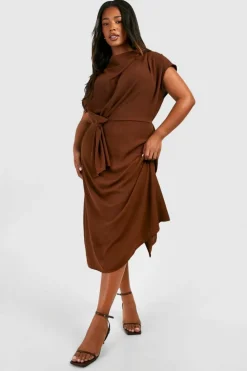 Midi Dresses*boohoo Plus Knot Cowl Neck Midi Column Dress chocolate