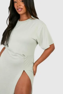 T-Shirt Dresses|Shirt Dresses*boohoo Plus Knot Detail High Split T-shirt Dress sage