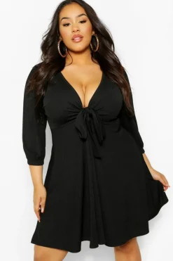 Skater Dresses|Mini Dresses*boohoo Plus Knot Front Skater Dress black