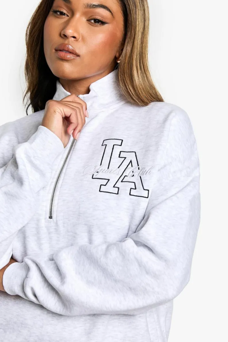 Sweatshirts|Athleisure*boohoo Plus LA Embroidered Half Zip Sweater ash grey