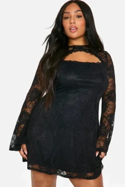 Skater Dresses|Mini Dresses*boohoo Plus Lace Flared Sleeve Skater Dress black