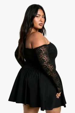 Skater Dresses*boohoo Plus Lace Off Shoulder Bengaline Skater Dress black
