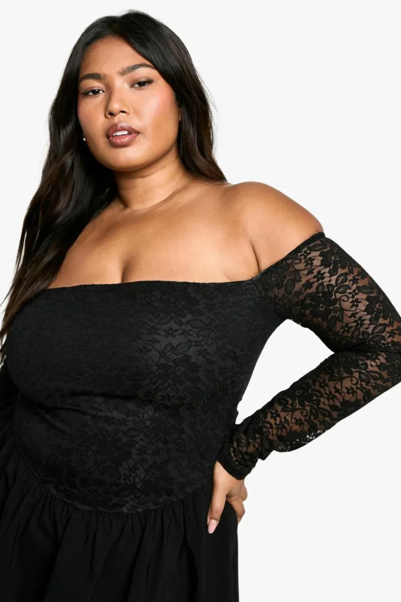 Skater Dresses*boohoo Plus Lace Off Shoulder Bengaline Skater Dress black