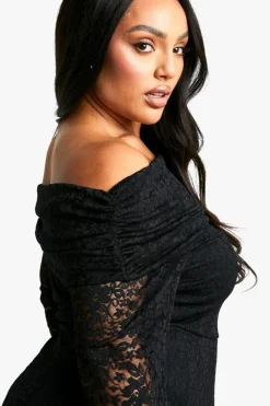 Skater Dresses*boohoo Plus Lace Off Shoulder Flared Skater Dress black