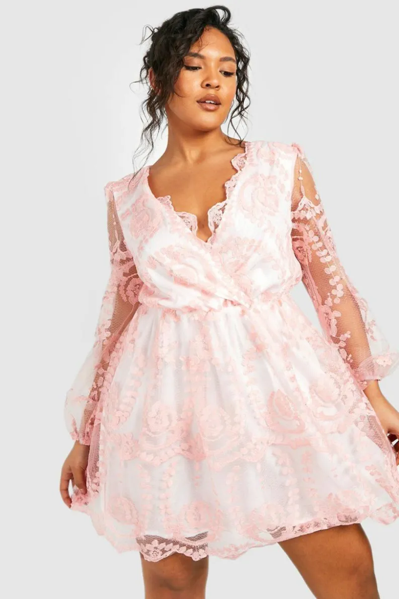 A Line Dresses*boohoo Plus Lace Plunge Skater Dress blush