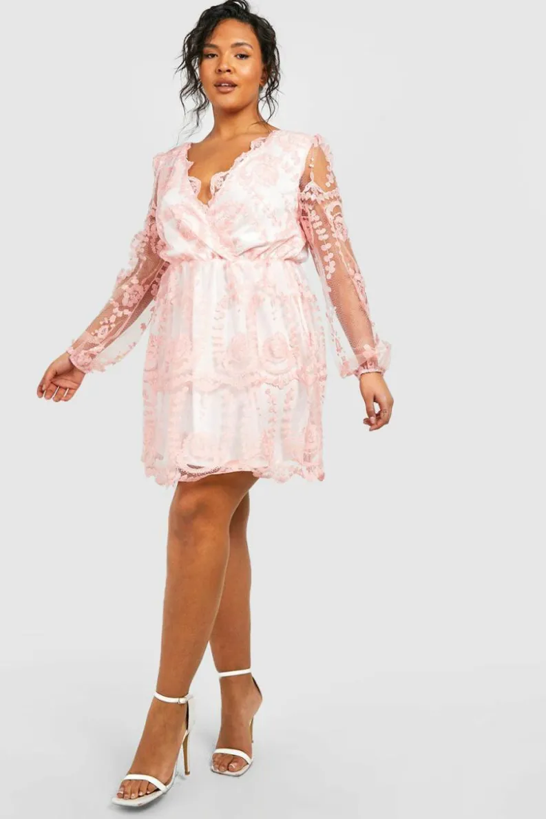 A Line Dresses*boohoo Plus Lace Plunge Skater Dress blush