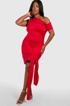 Bodycon Dresses*boohoo Plus Lace Trim Off The Shoulder Tie Mini Dress red
