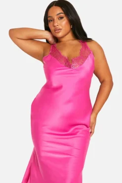 Midi Dresses*boohoo Plus Lace Trim Satin Midi Slip Dress hot pink
