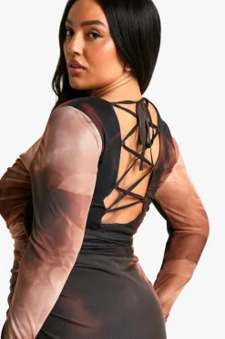 Bodycon Dresses*boohoo Plus Lace Up Mesh Long Sleeve Midaxi rust