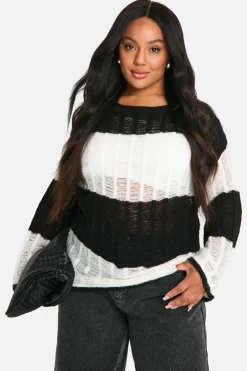 Oversized Jumpers|Jumpers*boohoo Plus Ladder Knit Stripe Oversized Sheer Jumper black