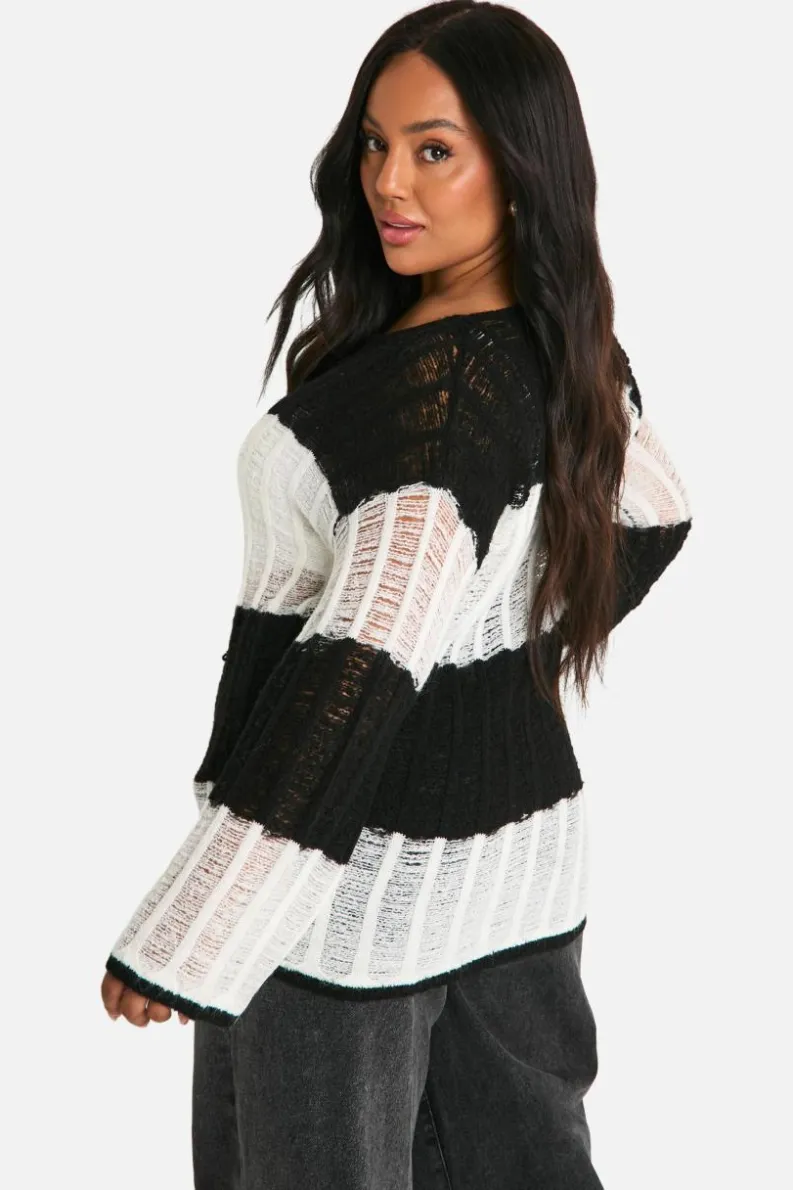 Oversized Jumpers|Jumpers*boohoo Plus Ladder Knit Stripe Oversized Sheer Jumper black