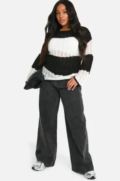 Oversized Jumpers|Jumpers*boohoo Plus Ladder Knit Stripe Oversized Sheer Jumper black