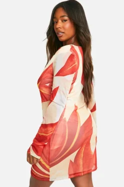 Bodycon Dresses*boohoo Plus Large Floral Mesh Mini Dress orange