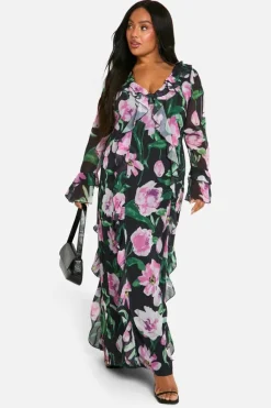 Skater Dresses|Maxi Dresses*boohoo Plus Large Floral Ruffle Maxi Dress black