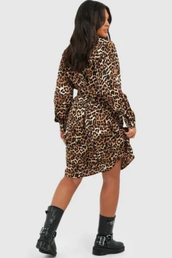 Shirt Dresses*boohoo Plus Batwing Belted Shirt Dress leopard