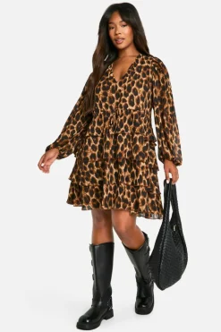 Mini Dresses|Long Sleeve Dresses*boohoo Plus Chiffon Tiered Frill Skater Dress leopard