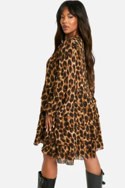 Mini Dresses|Long Sleeve Dresses*boohoo Plus Chiffon Tiered Frill Skater Dress leopard